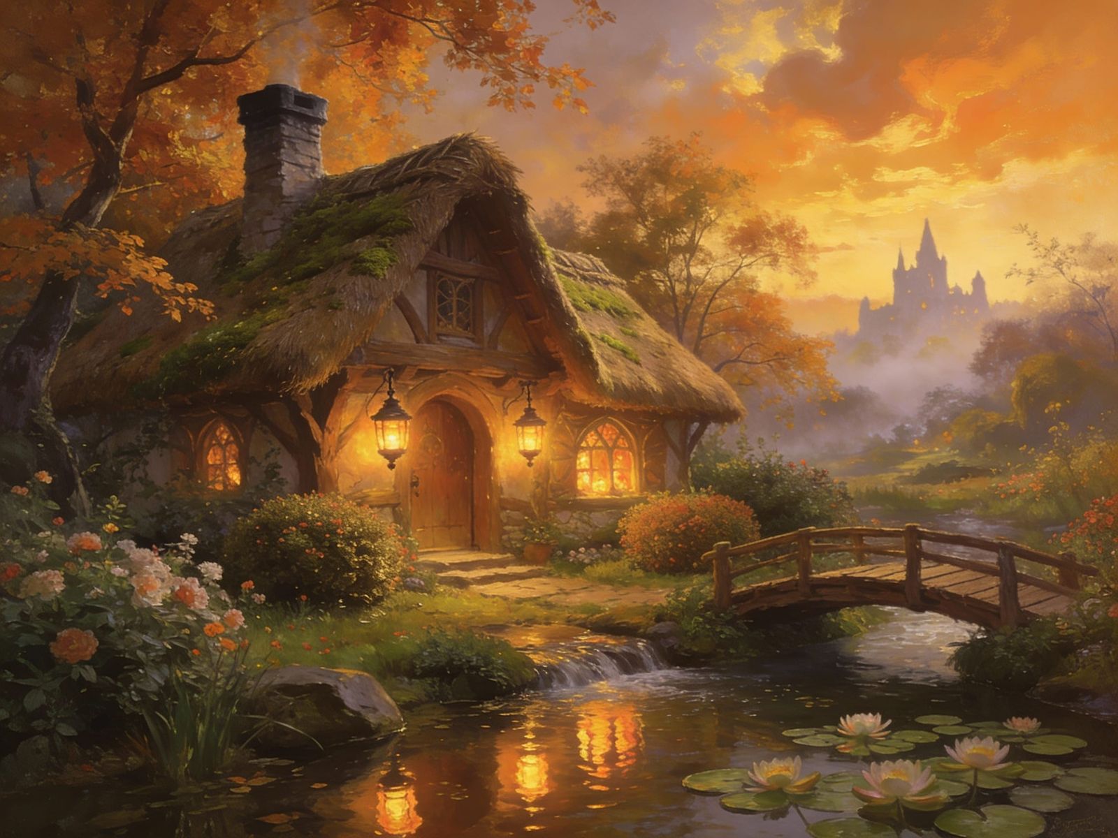 Enchanted Thatched Cottage at Golden Hour Sunset