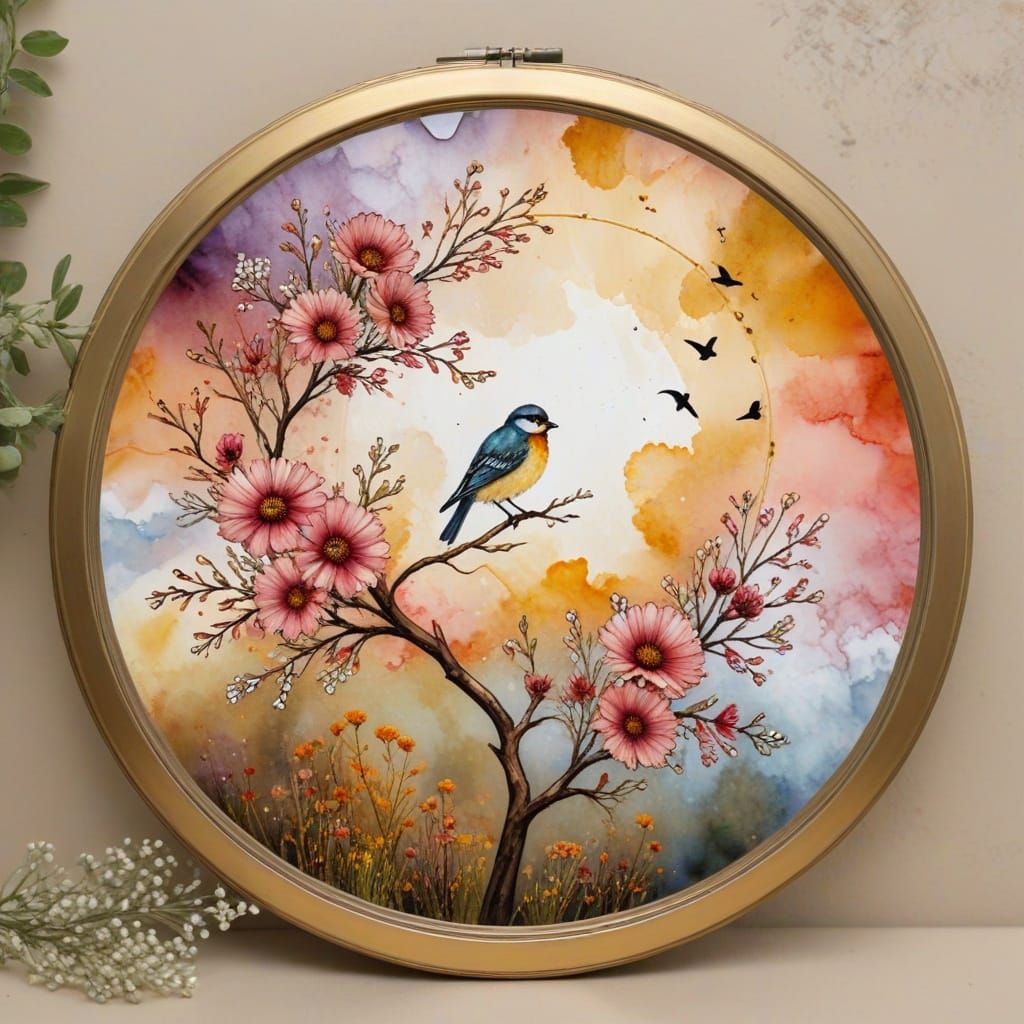 Alcohol Ink Circle Design with Flowers and Bird