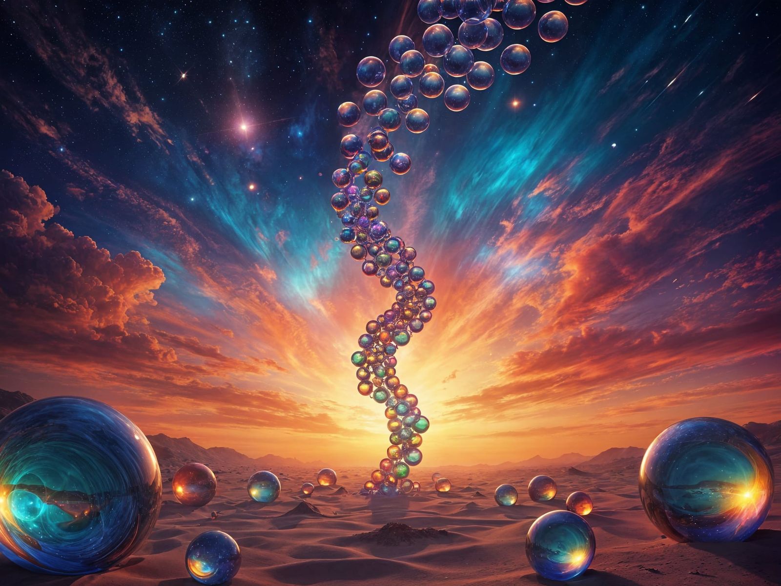 Surreal Sunrise Sky with Glass Spheres Ascending