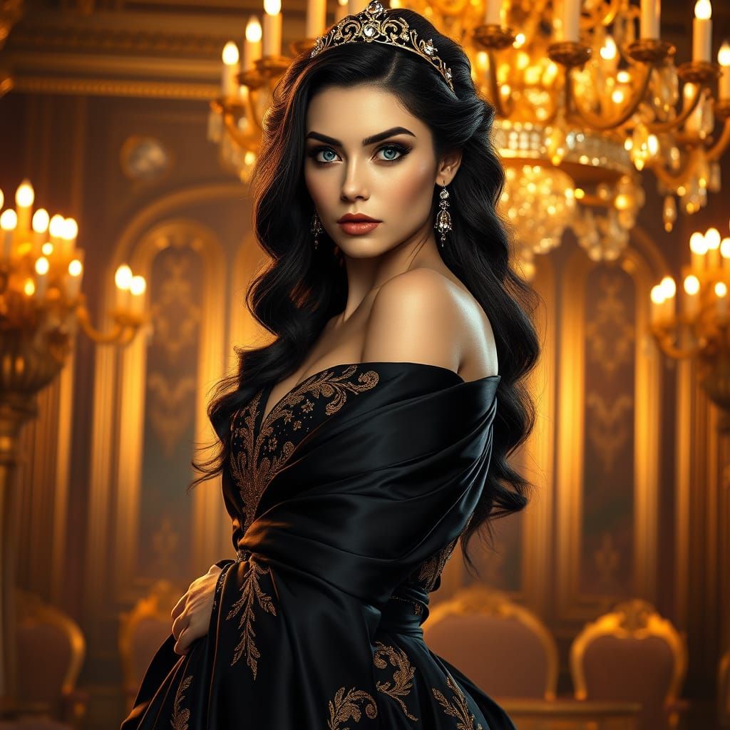 Elegant Woman in Luxurious Black Gown with Golden Embroidery