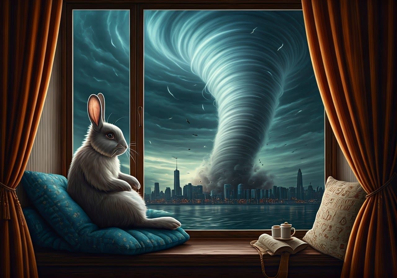 Rabbit Observes Tornado from Cozy Windowsill