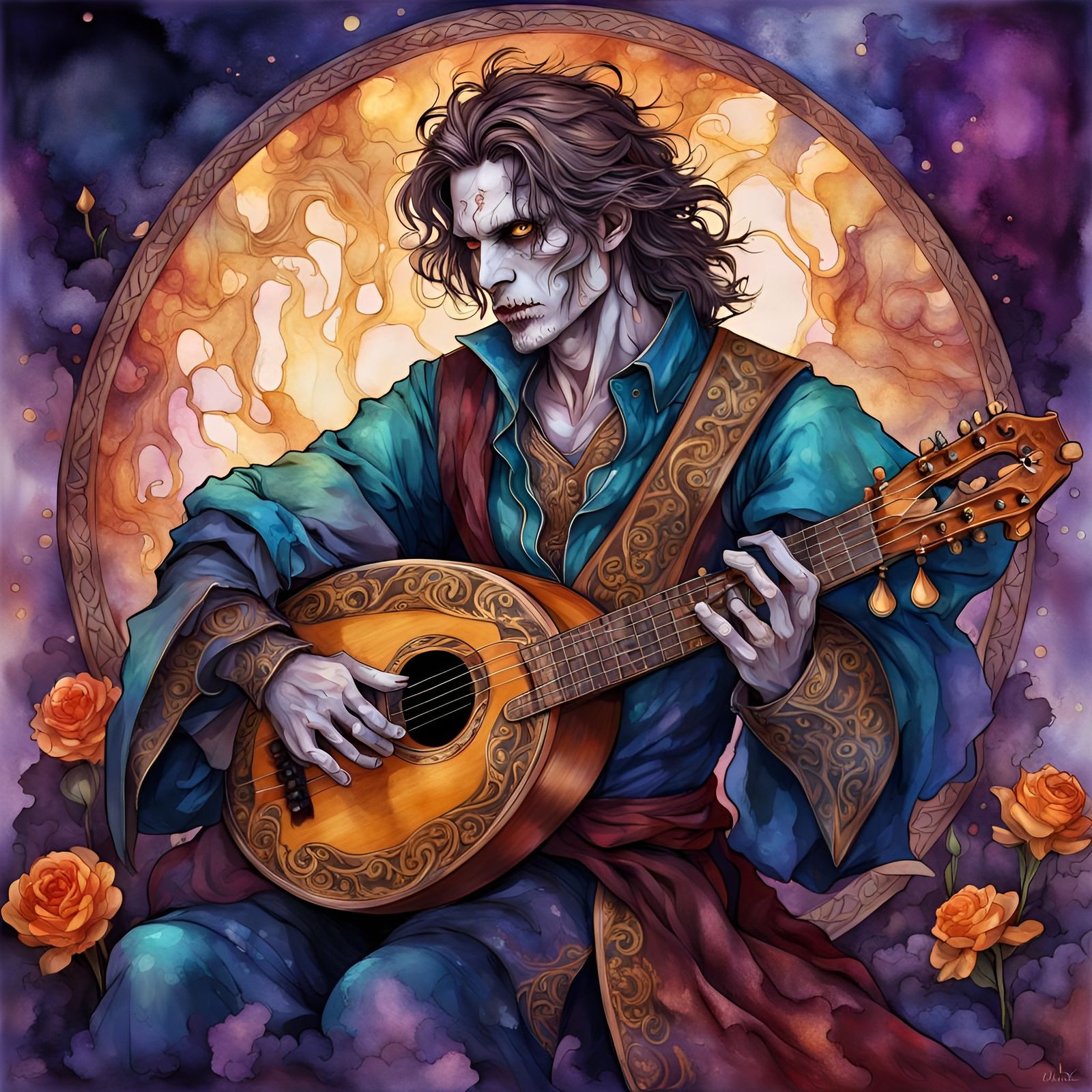 Undead Bard Portrait in Alcohol Ink Style