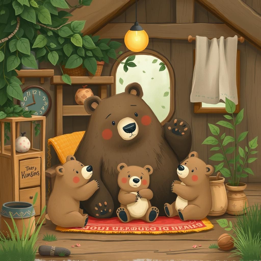 Heartwarming Bear Family in Rustic Cabin Illustration