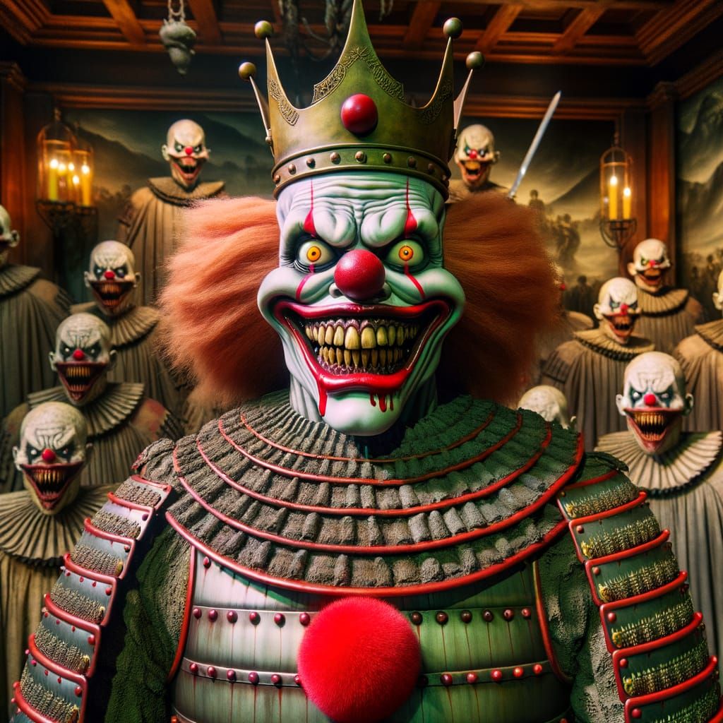Eerie Samurai Clown in Dim Wax Museum