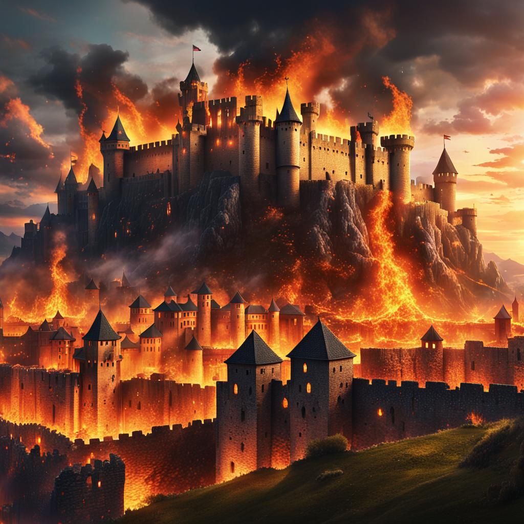 Fiery Medieval Kingdom in Apocalyptic Landscape Art