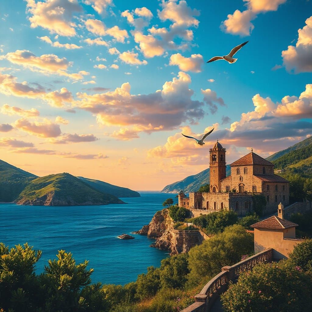 Italian Villa at Sunset: A Summer Coastal Landscape