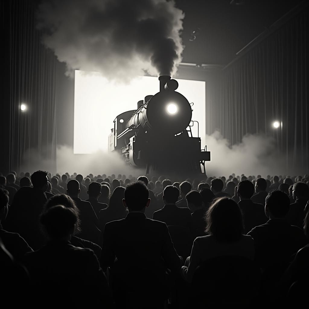 Terrified Audience and 3D Train in Noir Style