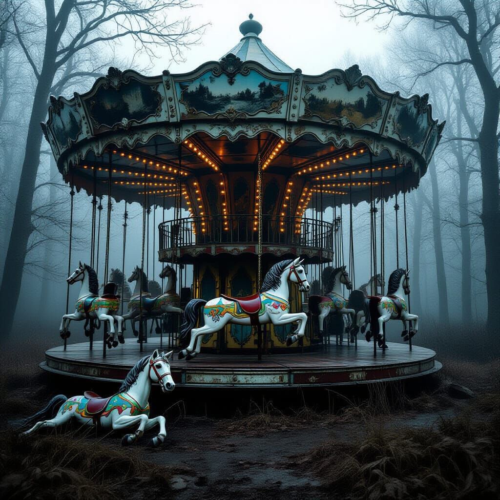 Eerie Abandoned Carousel in Overgrown Forest, Digital Painti...