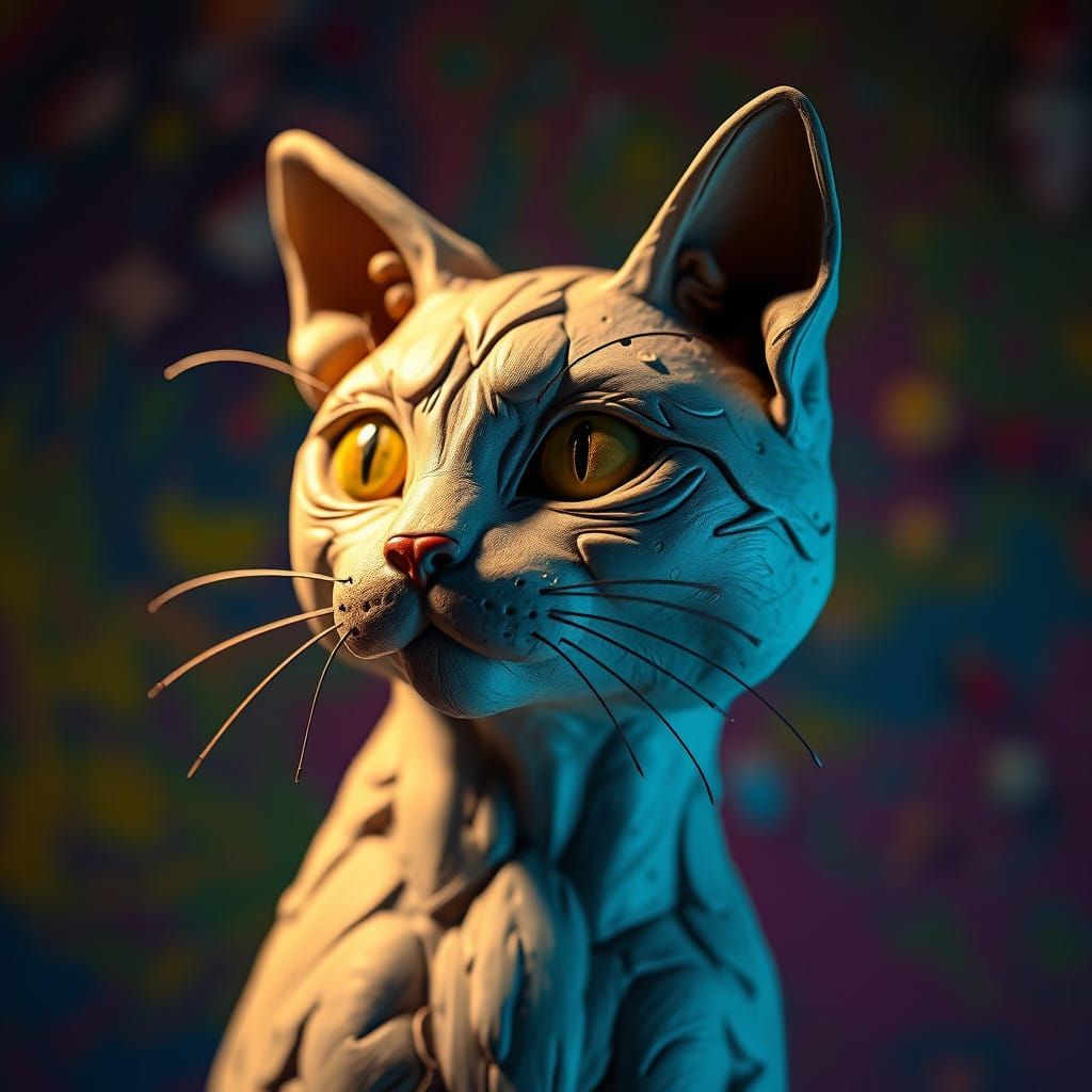 Surreal Hyperrealistic Clay Cat Sculpture in Vibrant Splash...