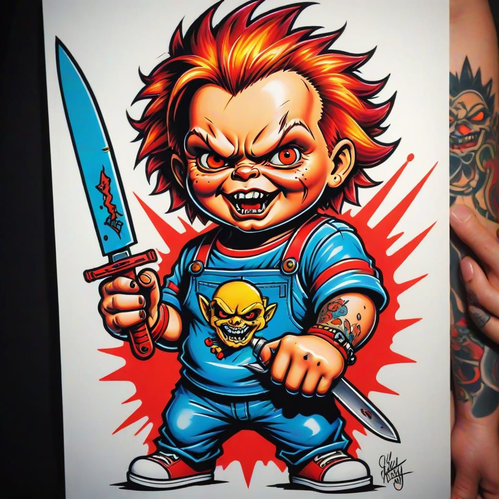 Chucky Holding a Knife in Ed Hardy Tattoo Style