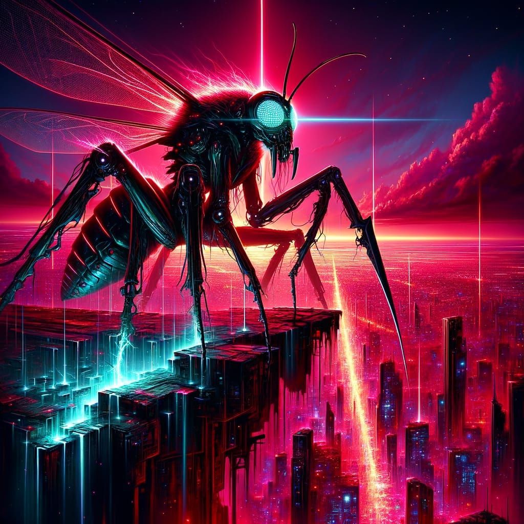 Neon Cyber Warrior Insect Dominates Futuristic Cityscape