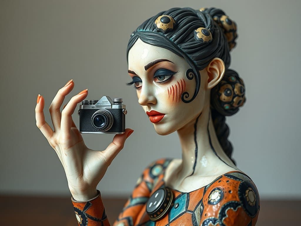 Cubist Ceramic Sculpture of Woman with Camera
