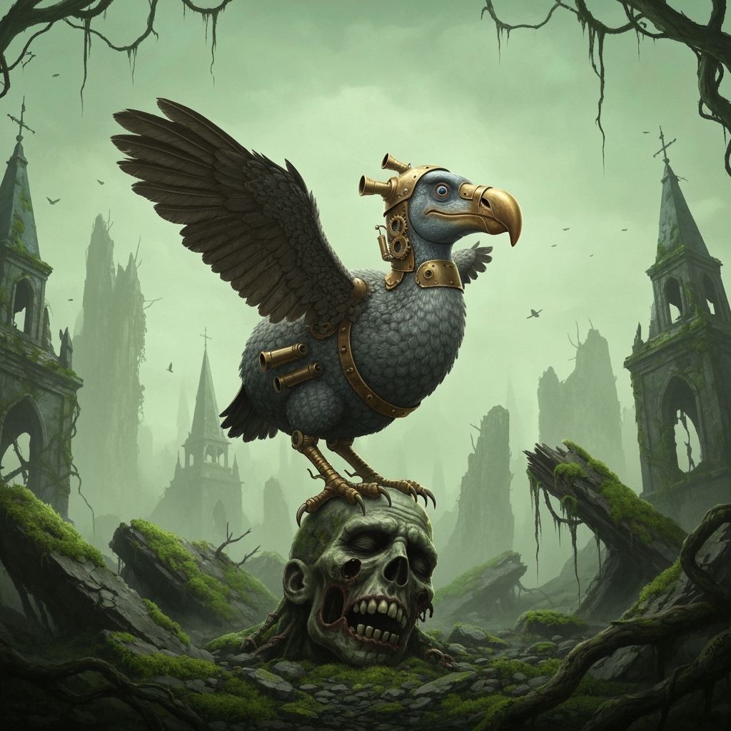 Steampunk Dodo Awakens Zombie in Ruined Landscape