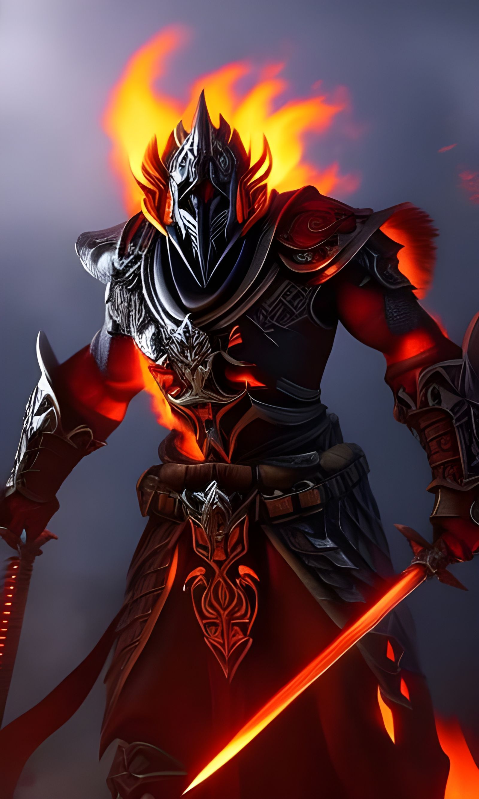 Dark Angel Warrior in Fire, Hyperdetailed Fantasy Art