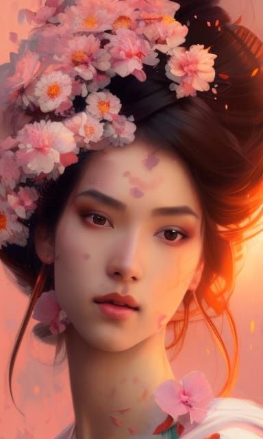 Geisha Portrait with Cherry Blossoms in Art Nouveau Style