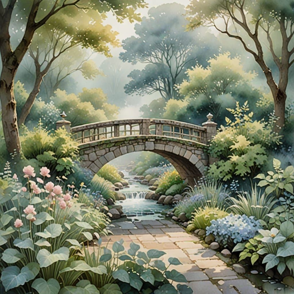 Misty Garden Dreams: Stone Bridge in Watercolor