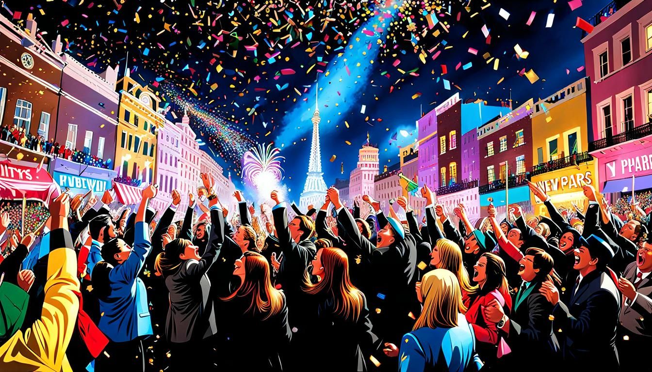 Vibrant scenes depicting joyous celebrations with confetti raining down amidst the  parade, of New Years Eve
