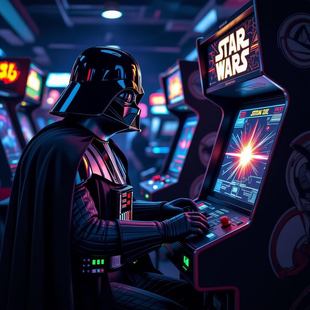 Darth Vader Plays Star Wars Arcade in Moody Retro Setting