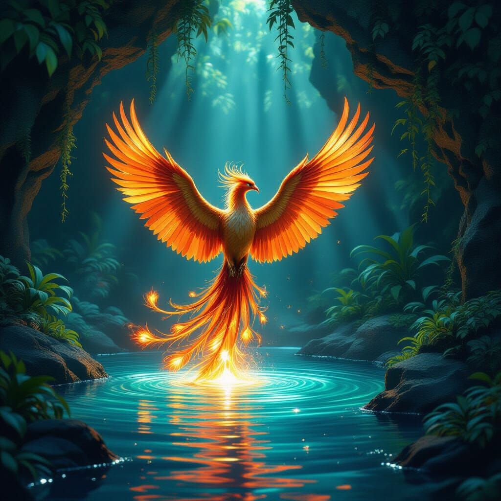 Majestic Phoenix Rises From Glowing Pool in Fantasy Art Styl...