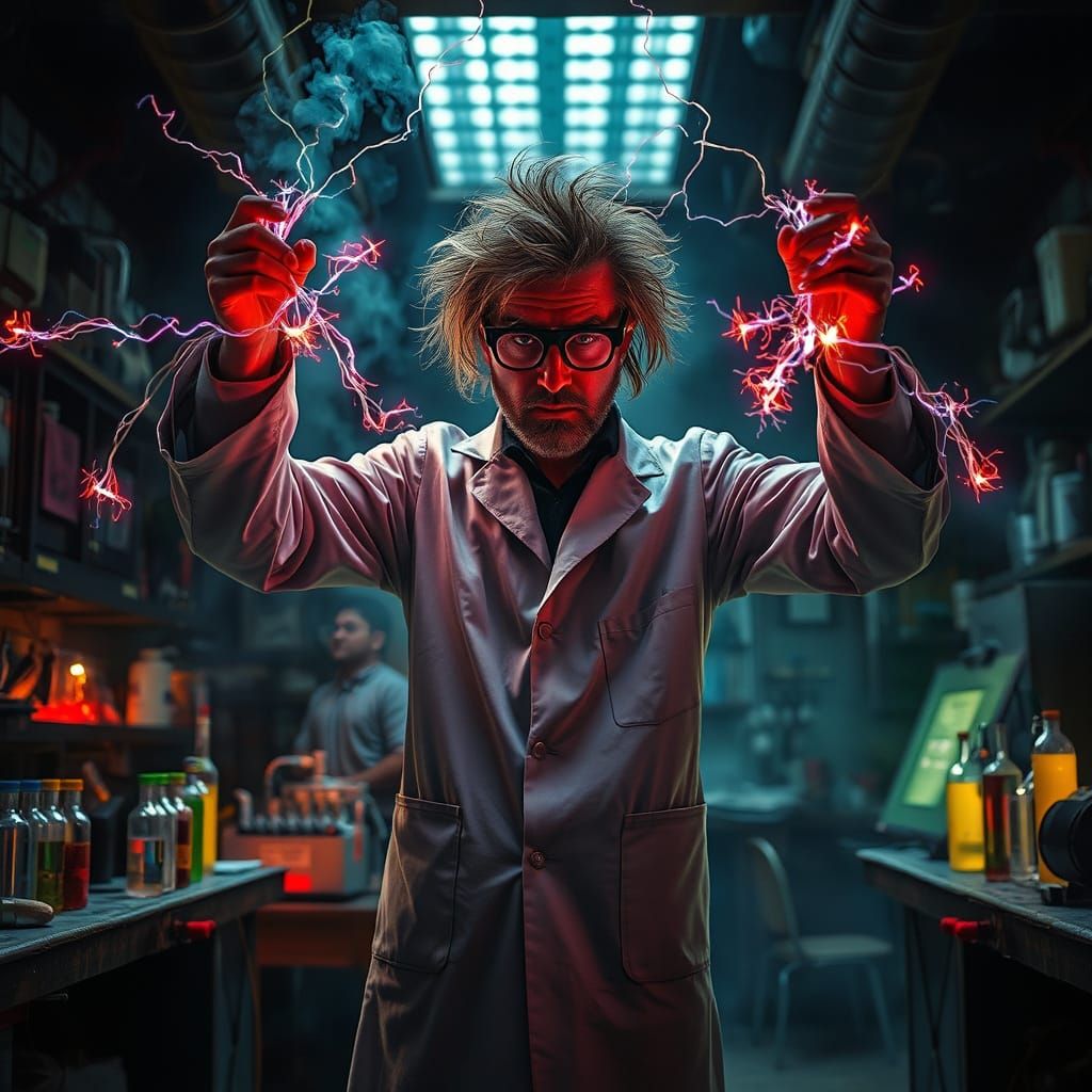 Mad Scientist in Dark Lab Chaos