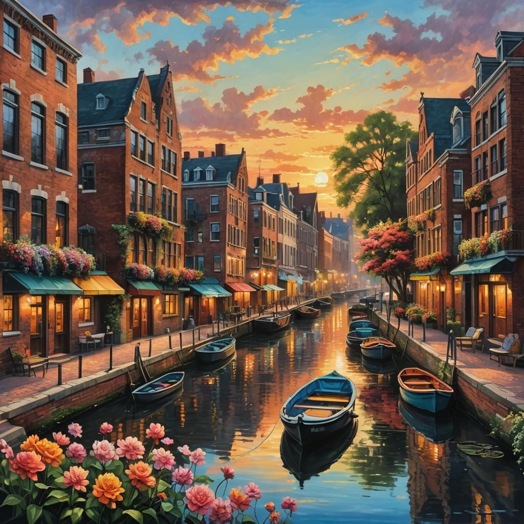Picturesque Canals and Buildings at Sunset