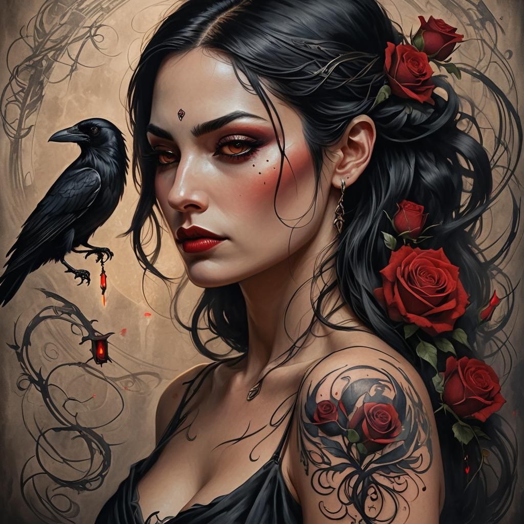 Raven and Rose Tattoo on Ethereal Woman