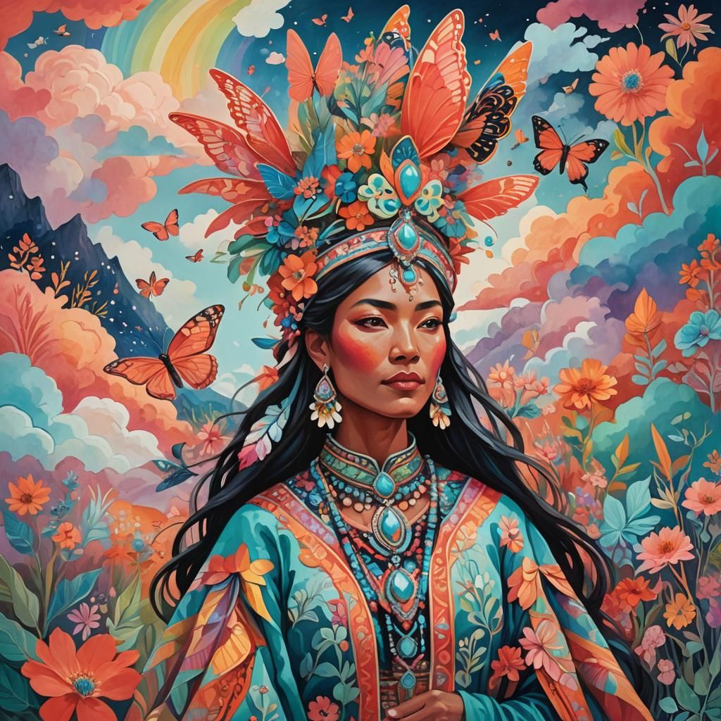 Fantastical Gouache Landscape with Woman in Headdress