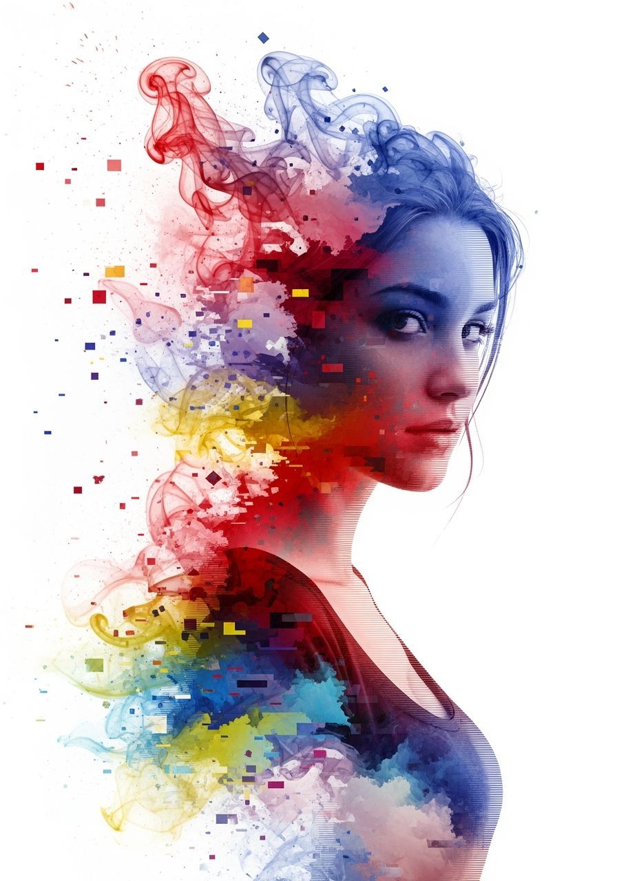 Female Portrait Dissolving into Colorful Smoke, Graffiti Art