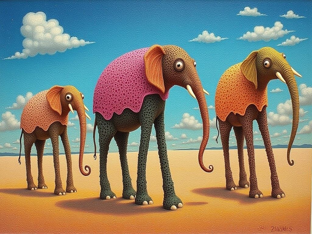 Surreal Elephants in Vibrant Desert Landscape