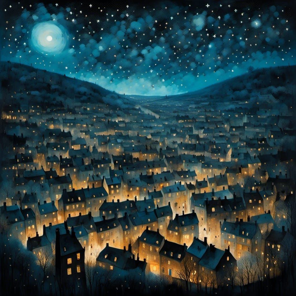 Starry Night Cityscape: Detailed Illustration in Monochromat...