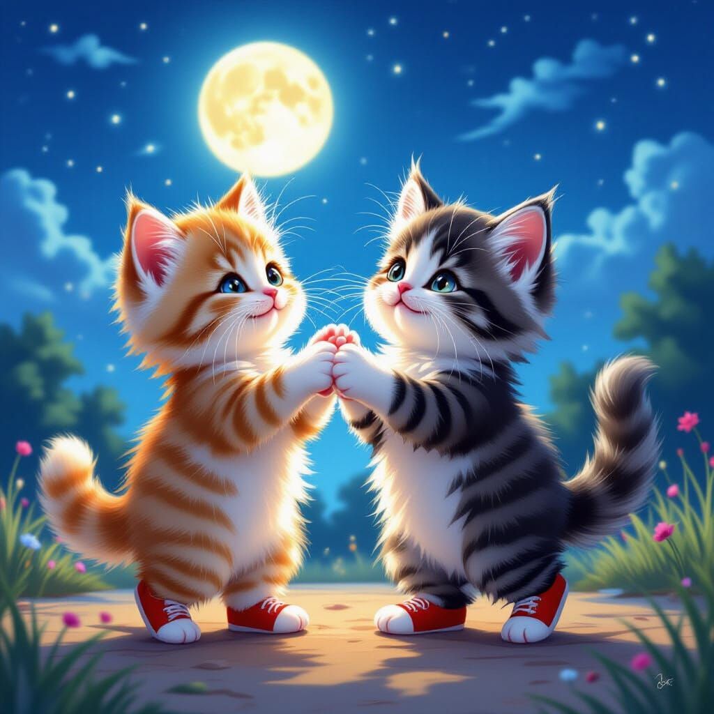 Kittens Dancing in Red Shoes Under Moonlight