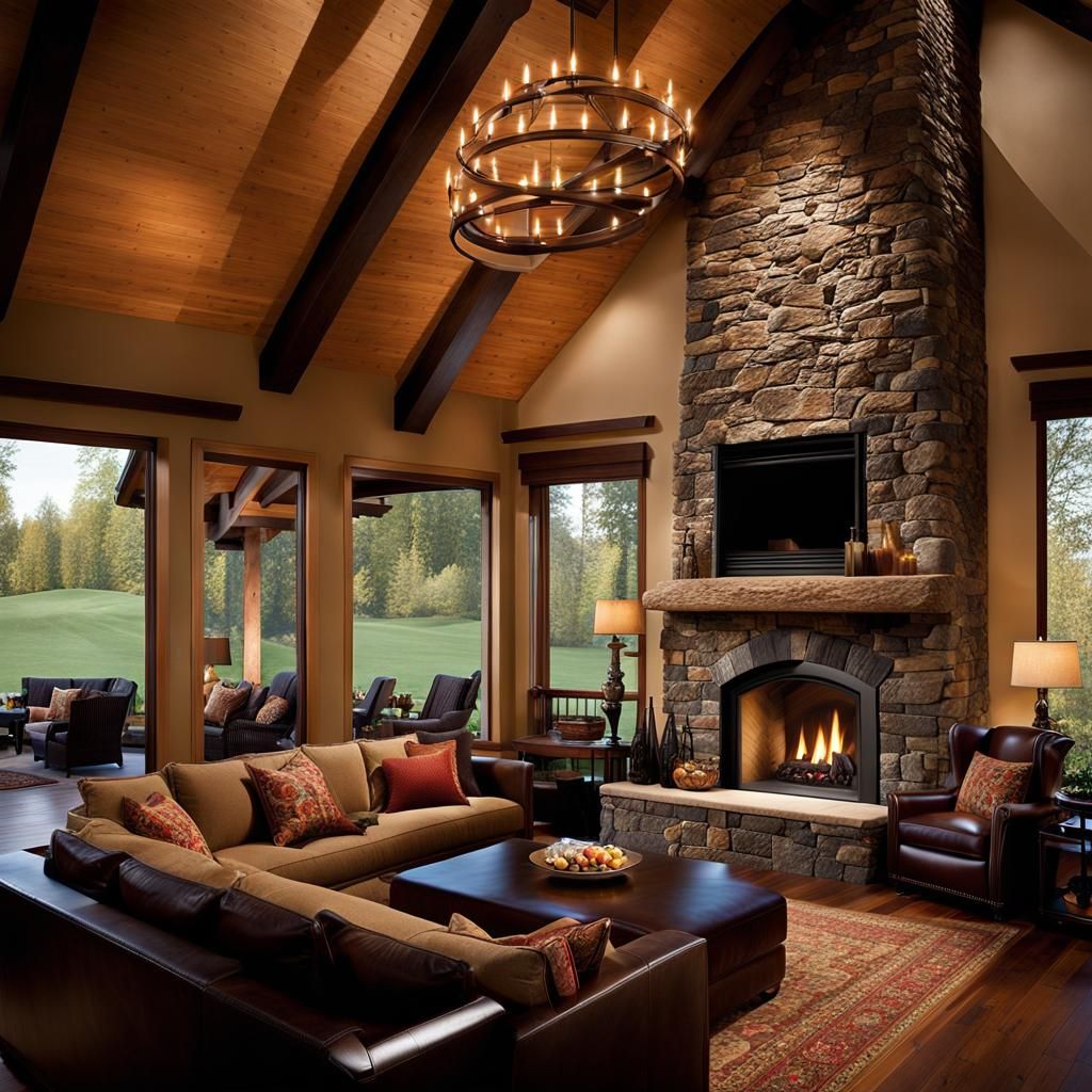 Rustic Fieldstone Fireplace with See-Through Gas Fireplace