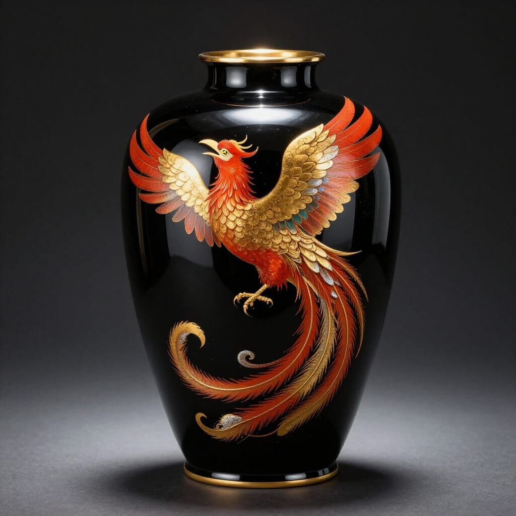 Japanese Lacquer Vase with Golden Phoenix Art