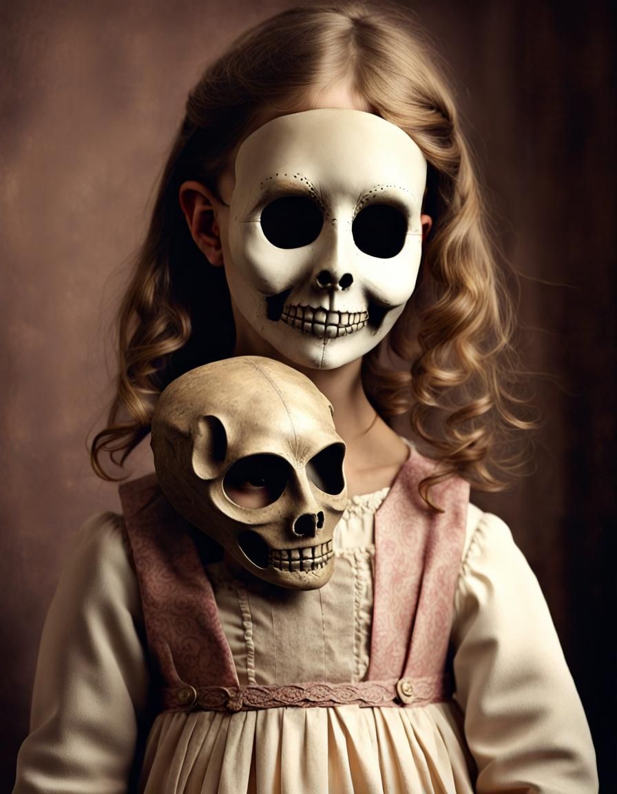 Girl with Death Mask in Beatrix Potter Style