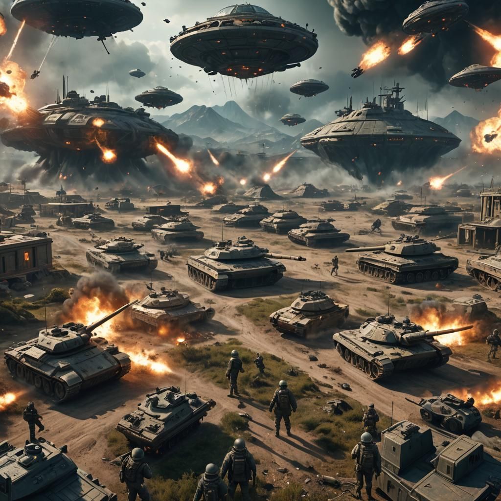 Army Soldiers Fighting Alien Invasion in Detailed Painting