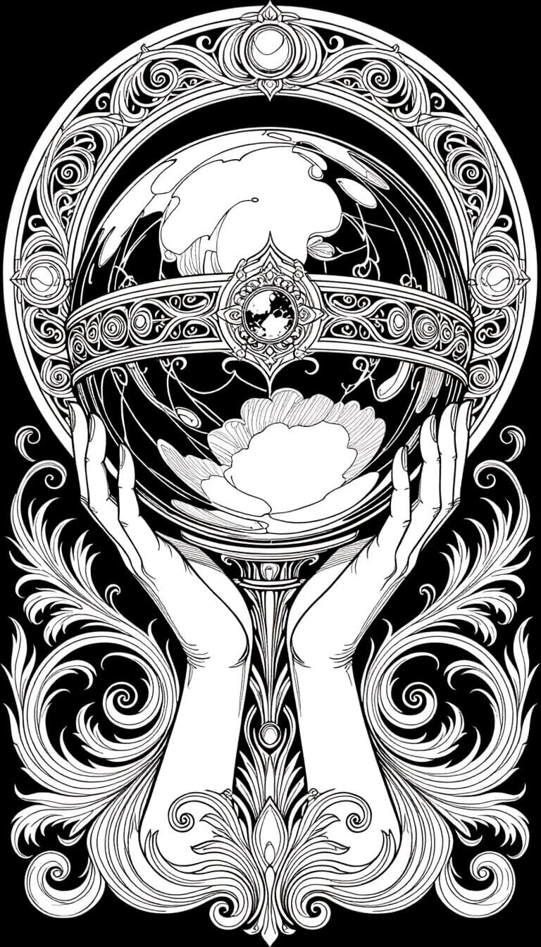 Ornate Crystal Orb in Black and White Line Art