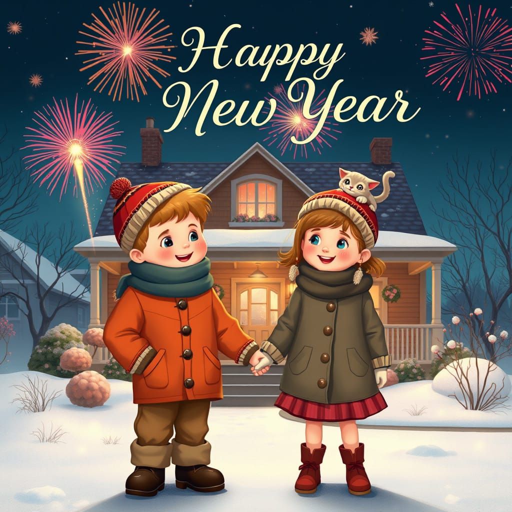 Cozy Winter Scene with Children, Kitten, and Fireworks in Di...