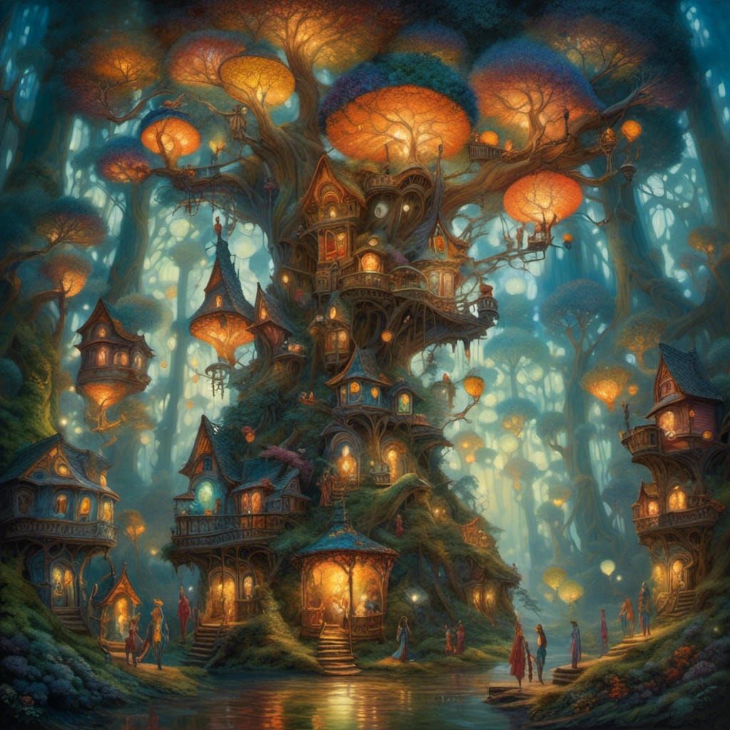 Enchanted Elves Under Magical Treehouses: Oil Painting