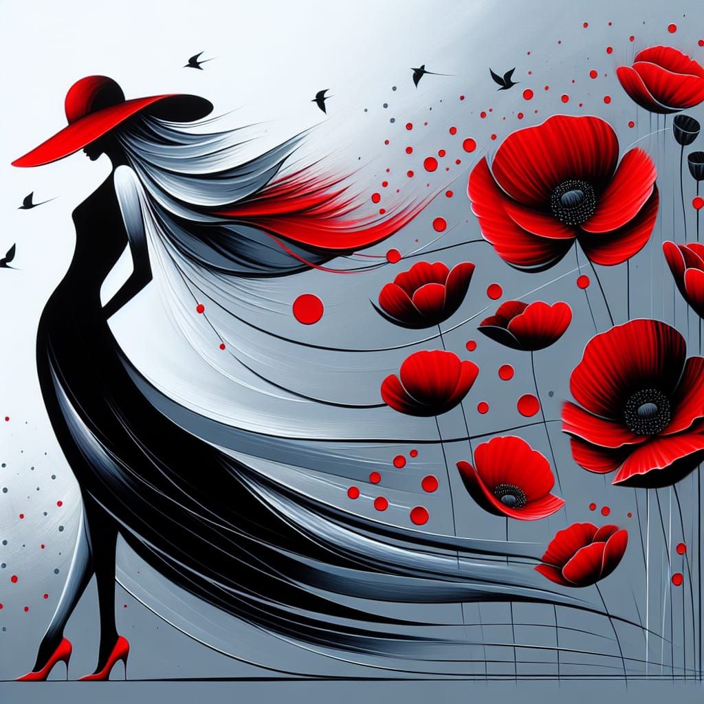 Stylized Woman in Red with Poppies