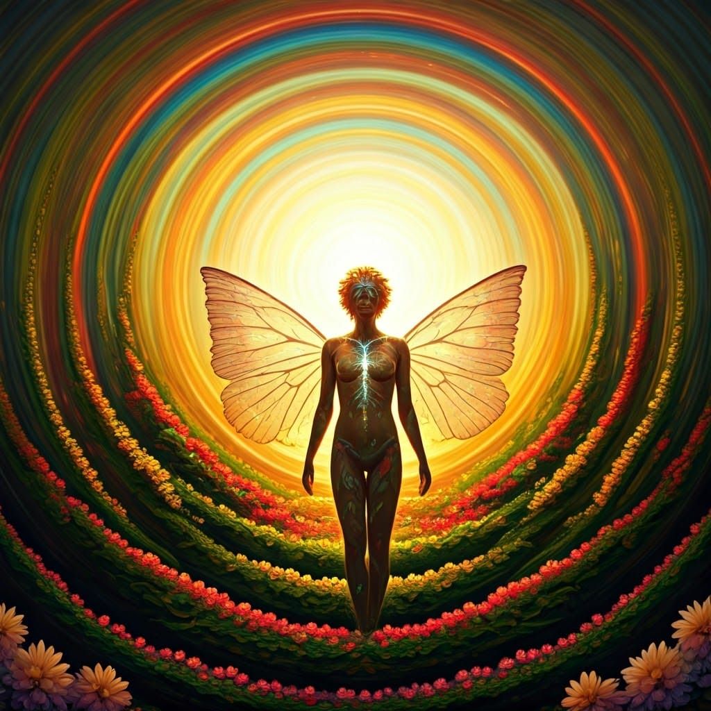 Vibrant Aurora Surrounds Winged Being in Lush Landscape