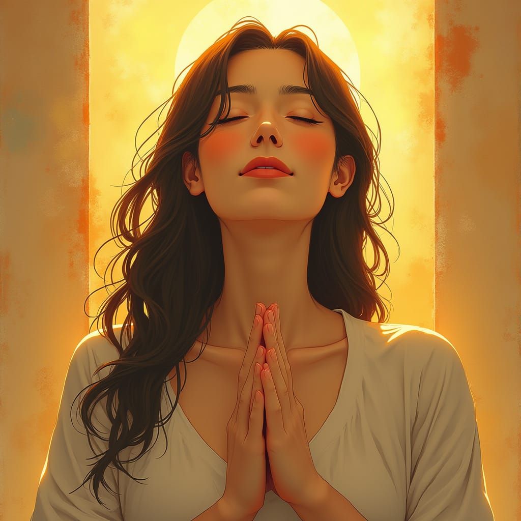 Serene Woman in Golden Light, Praying