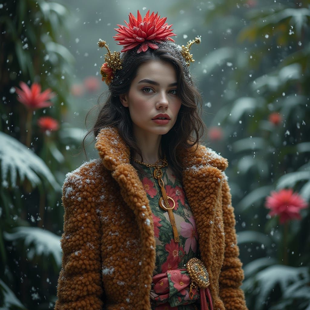 Hollywood Starlet in Jungle Snowfall, Cinematic Image