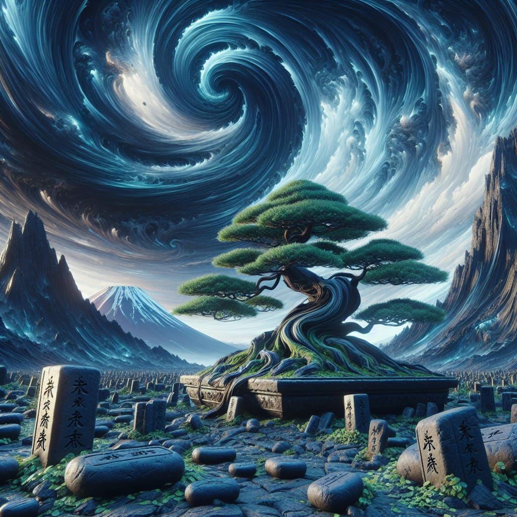 Bonsai Tree and Mount Fuji in Fantasy Landscape