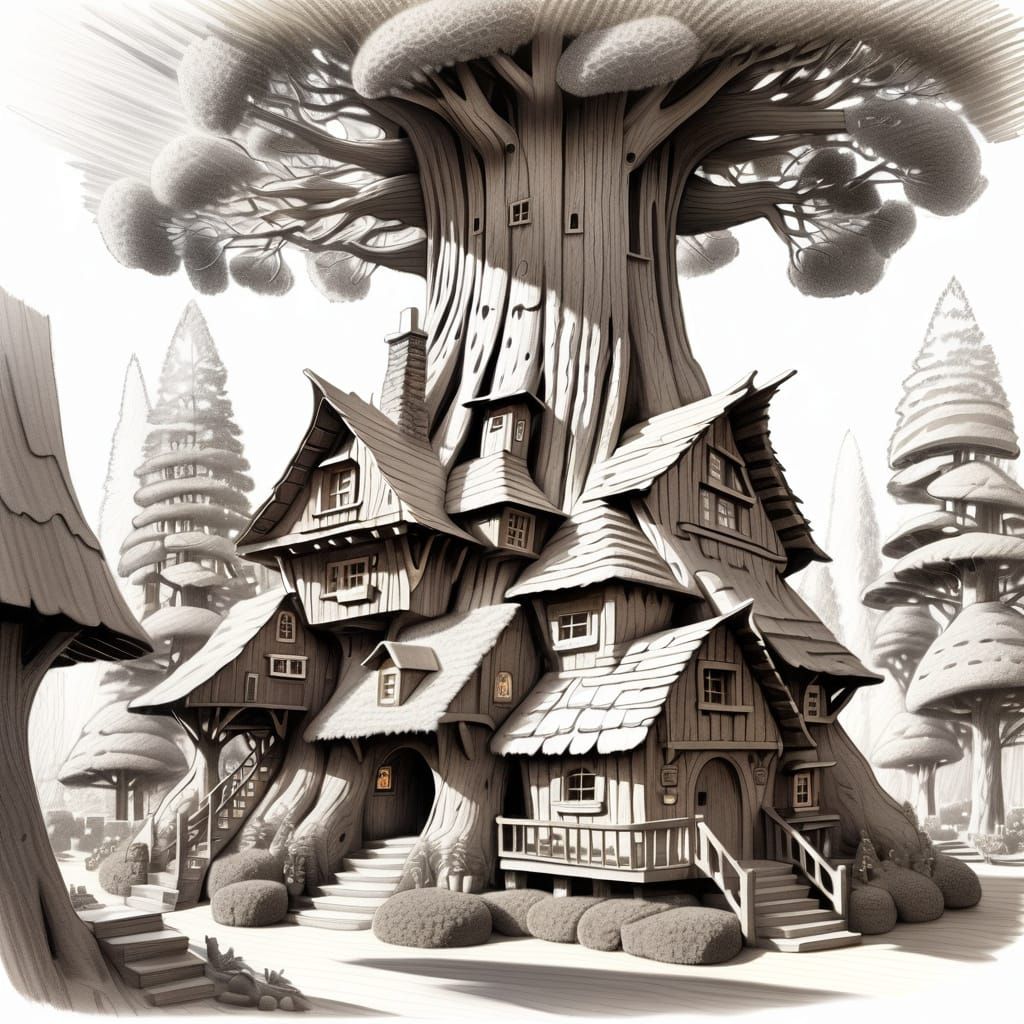 Miniature Village Inside Sequoia Tree: Pencil Sketch