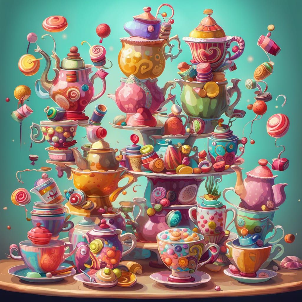 Whimsical Teapot Towers in Candy Art Style