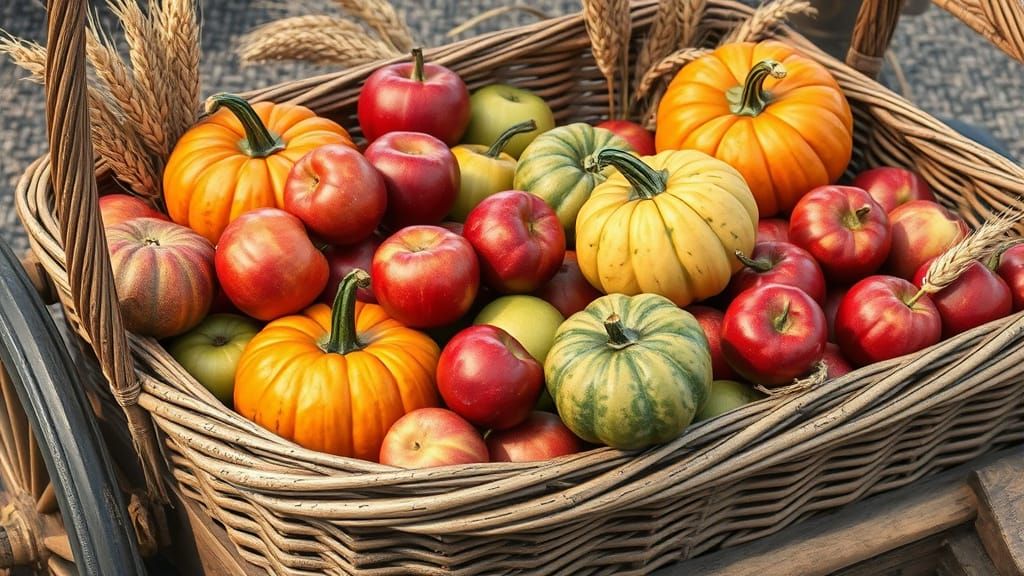 Abundant Harvest Display in Wicker Baskets