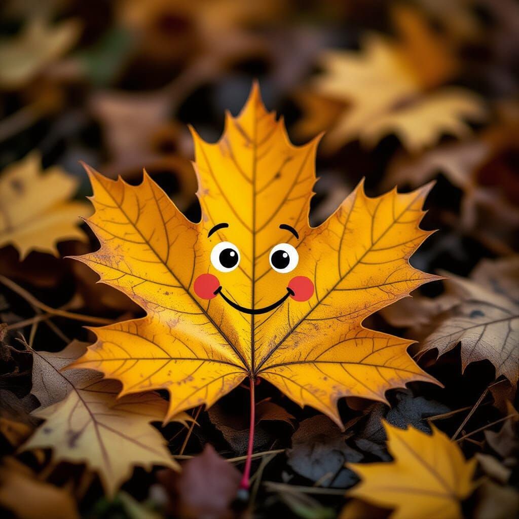 Funny Face Drawn on Autumn Leaf Amidst Vibrant Fall Foliage