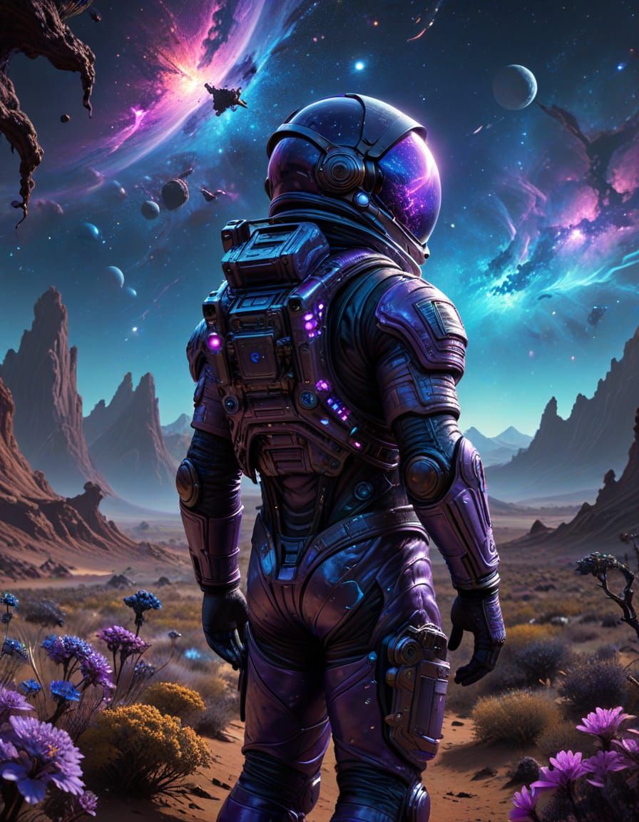Astronaut Explores Alien World Under Nebula Sky