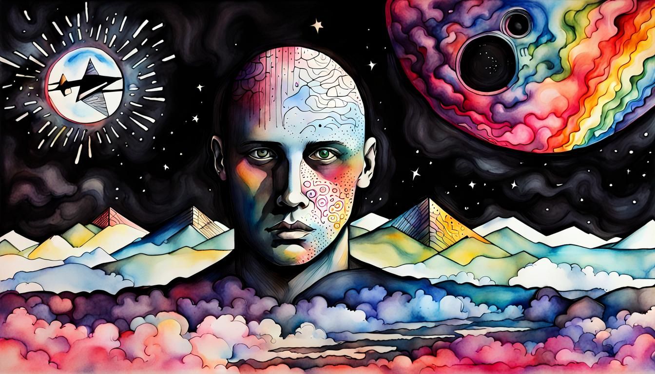 Illustrate a surreal journey inspired by the lyrics of 'Brain Damage' from Pink Floyd's 'The Dark Side of the Moon'. Use...