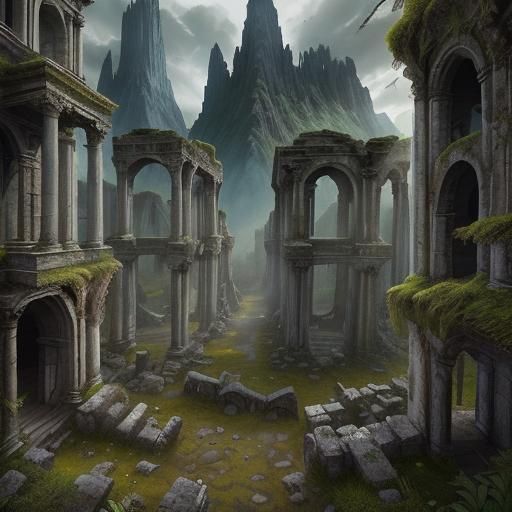 Ethereal Landscape Painting of Ancient Ruins